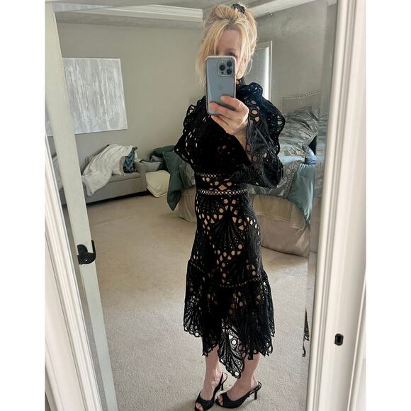 Dalia Macphee Dresses & Skirts - NWT Dalia MacPhee black eyelet ruffle midi cocktail dress size S